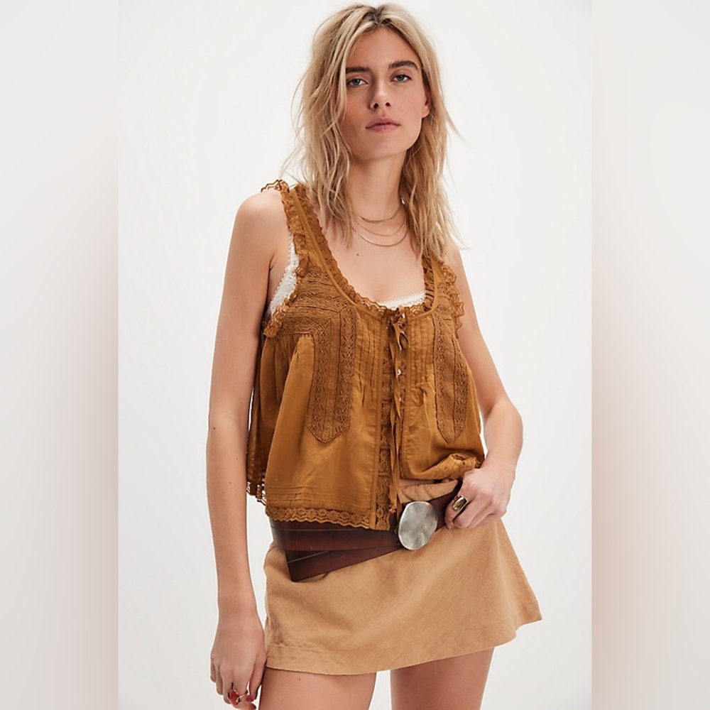 New Free People FP Forevermore Ruffled Lace Trim Tank Top Shirt Blouse sz L